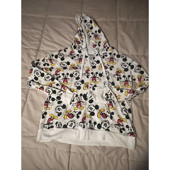 Disney Women's All-Over Print Mickey Mouse Zipper Sweatshirt Hoodie White Size L - Picture 1 of 3